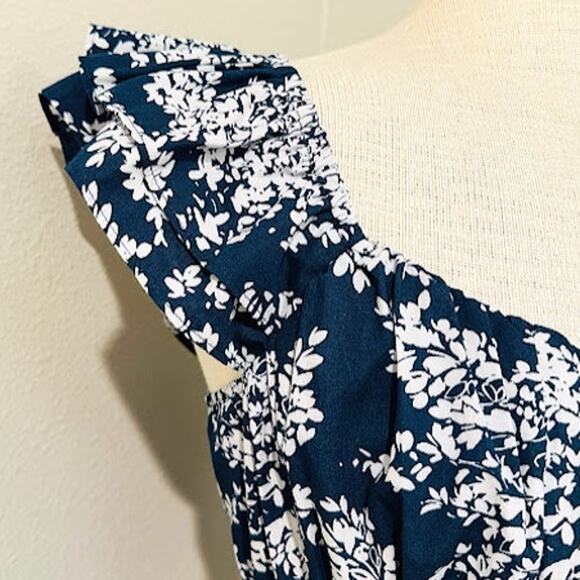 Abercrombie & Fitch Ruched Flutter Sleeve Mini Dress Navy Floral Large - Picture 5 of 7